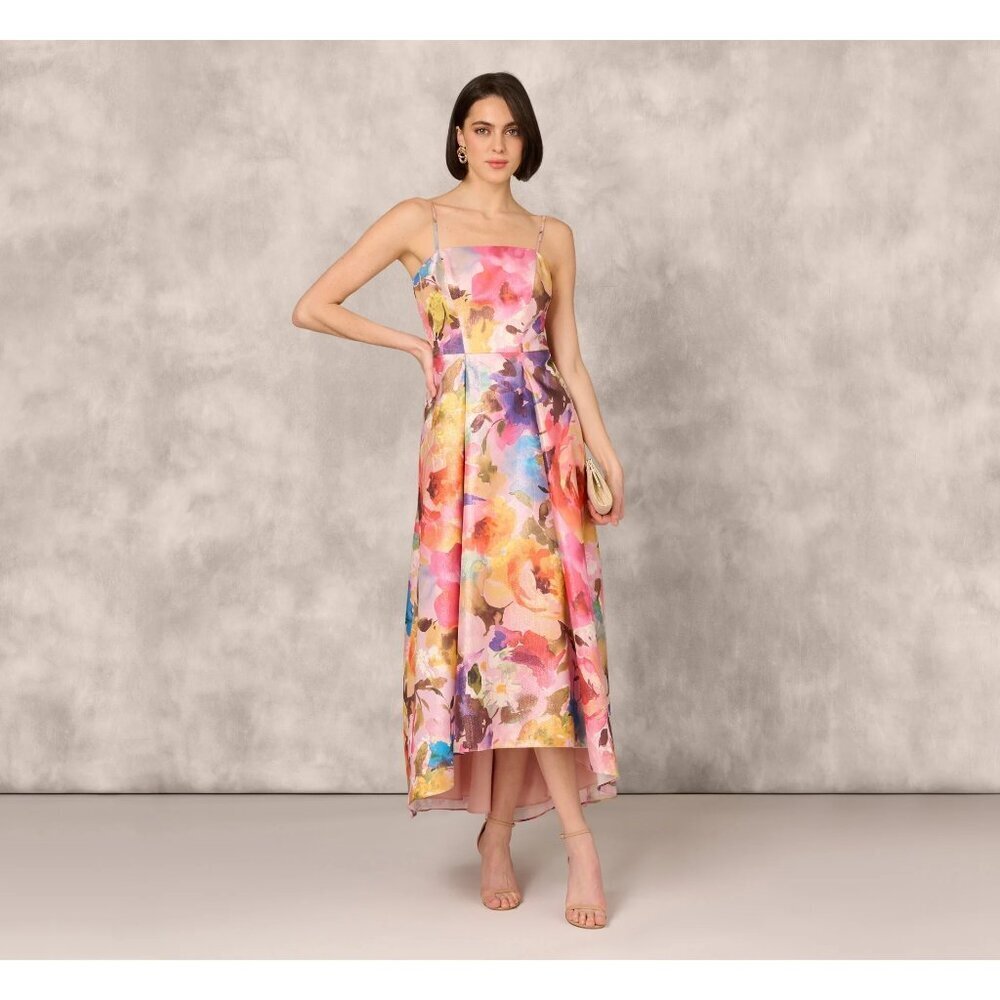 Aidan Mattox Adrianna Pappel Metallic Floral Jacquard High Low Gown Pockets  Pin